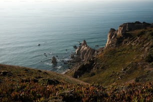 a view of the ocean from the top of a hill