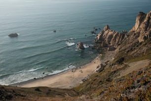 uma vista de uma praia de um penhasco