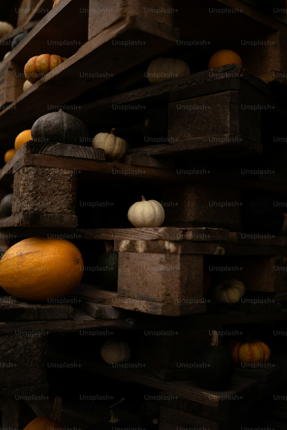 pumpkins and gourds are stacked on wooden crates