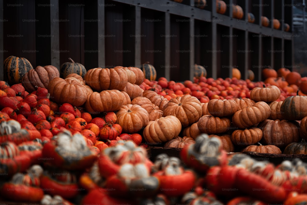 a bunch of pumpkins that are in a bin