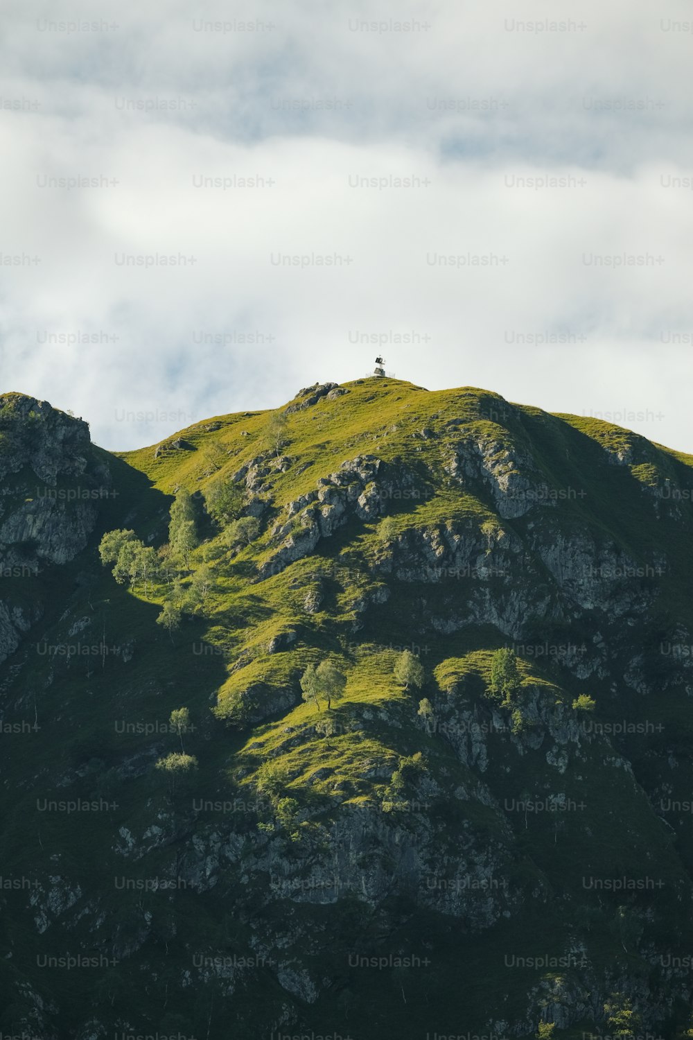 eine person, die auf dem gipfel eines grünen berges steht