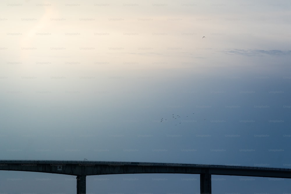 a bridge with birds flying in the sky