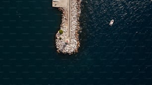 an aerial view of a pier on the water