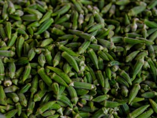 a large pile of green beans sitting on top of a table