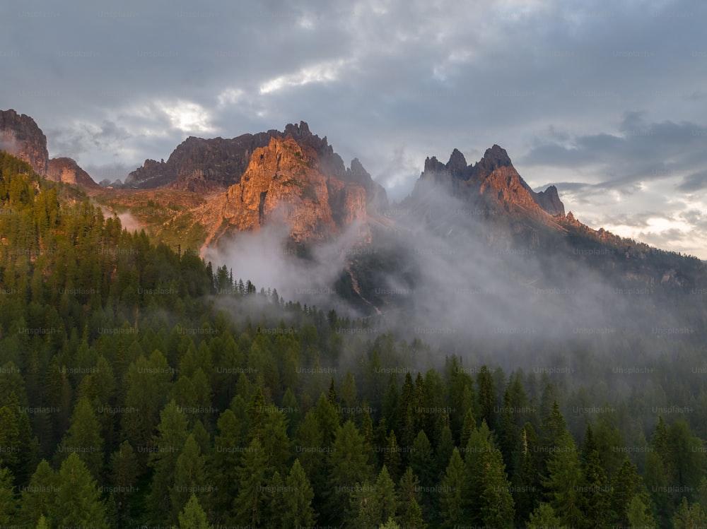 the mountains are covered in clouds and trees