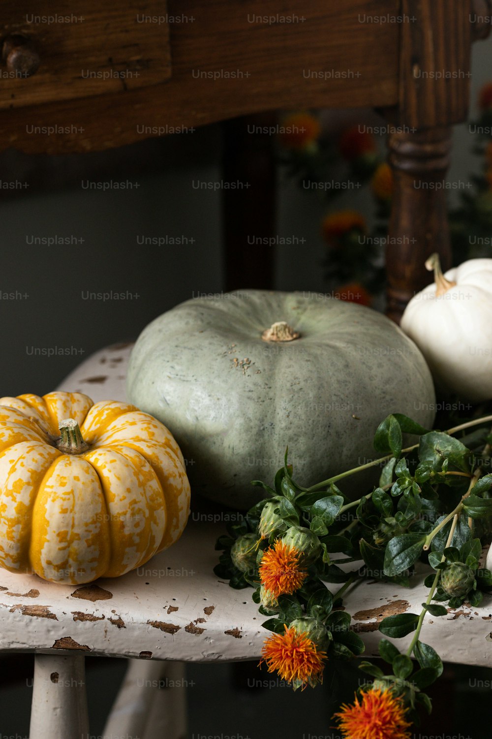 a bunch of pumpkins sitting on top of a table