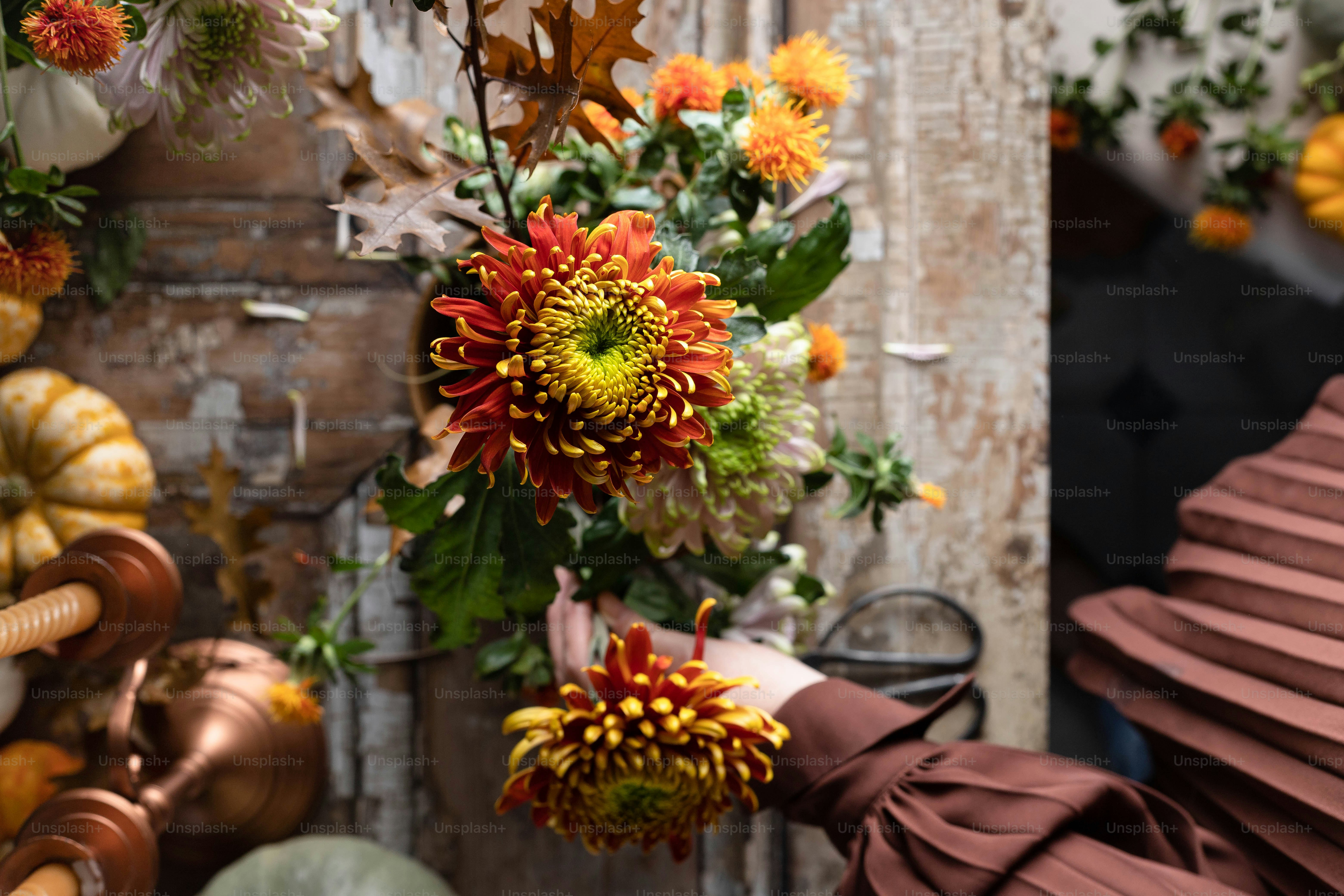 a woman holding a bunch of flowers in her hand
