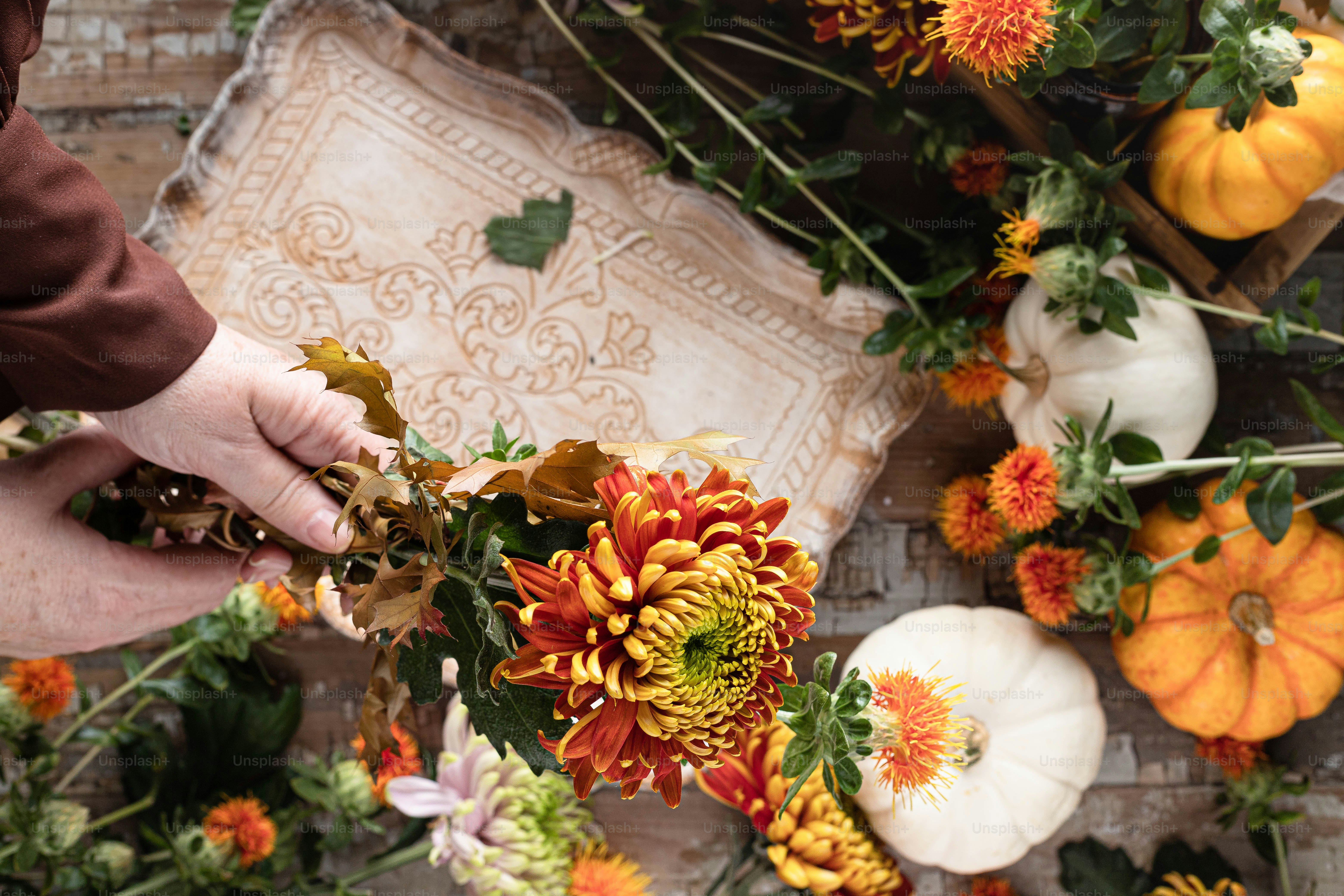 a person holding a bunch of flowers next to a bunch of pumpkins