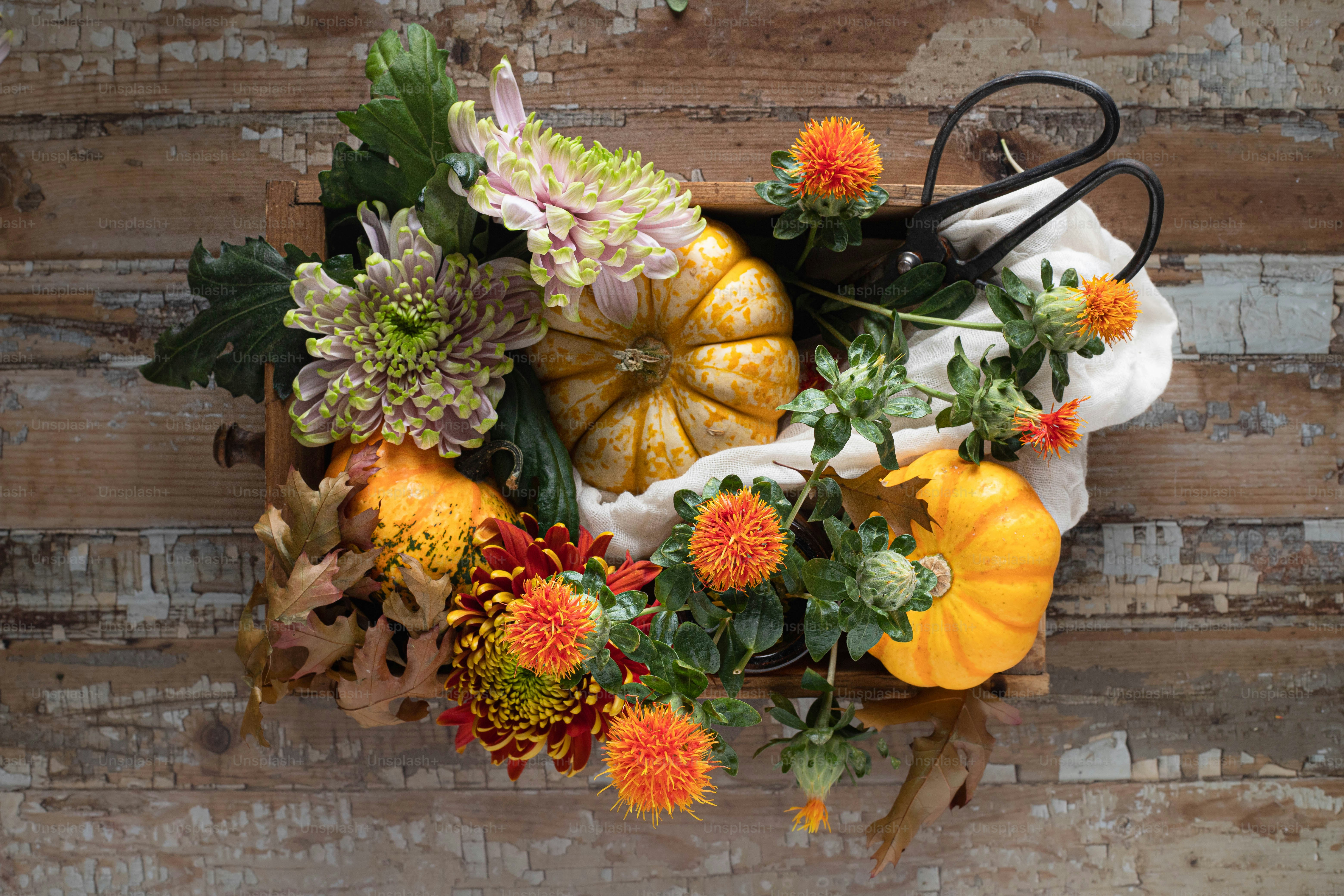 a bunch of flowers and pumpkins on a table
