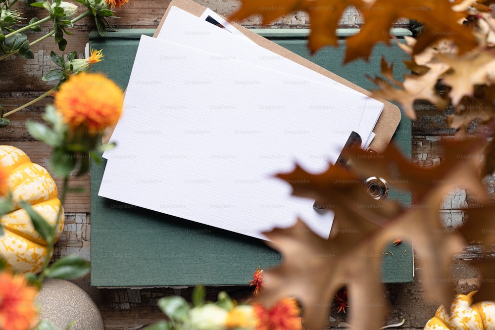 Un bloc de notas sentado encima de una carpeta rodeada de hojas de otoño