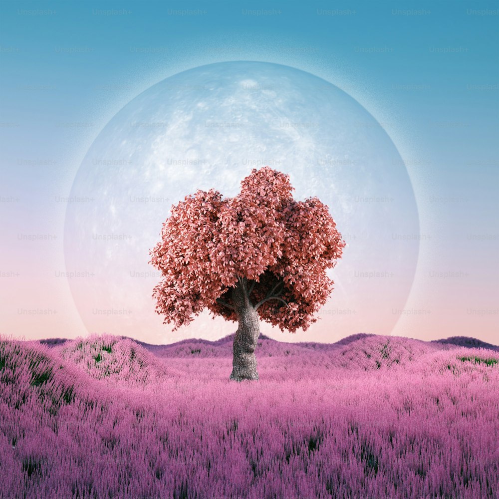 Un albero in un campo con una luna piena sullo sfondo