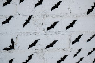 uma parede de tijolos brancos com morcegos pretos