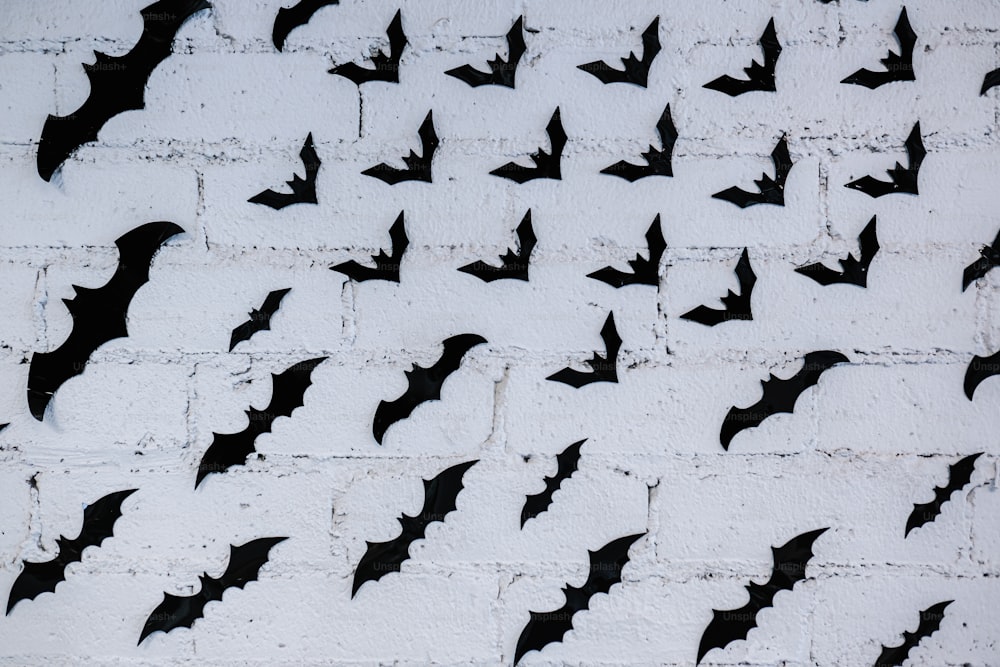 a flock of bats flying over a white brick wall