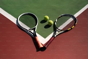 two tennis rackets and two tennis balls on a tennis court