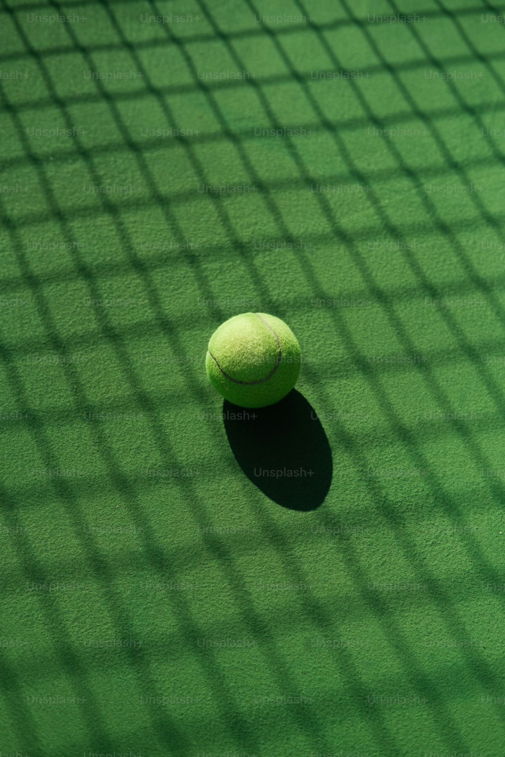 테니스 코트에 앉아 있는 테니스 공