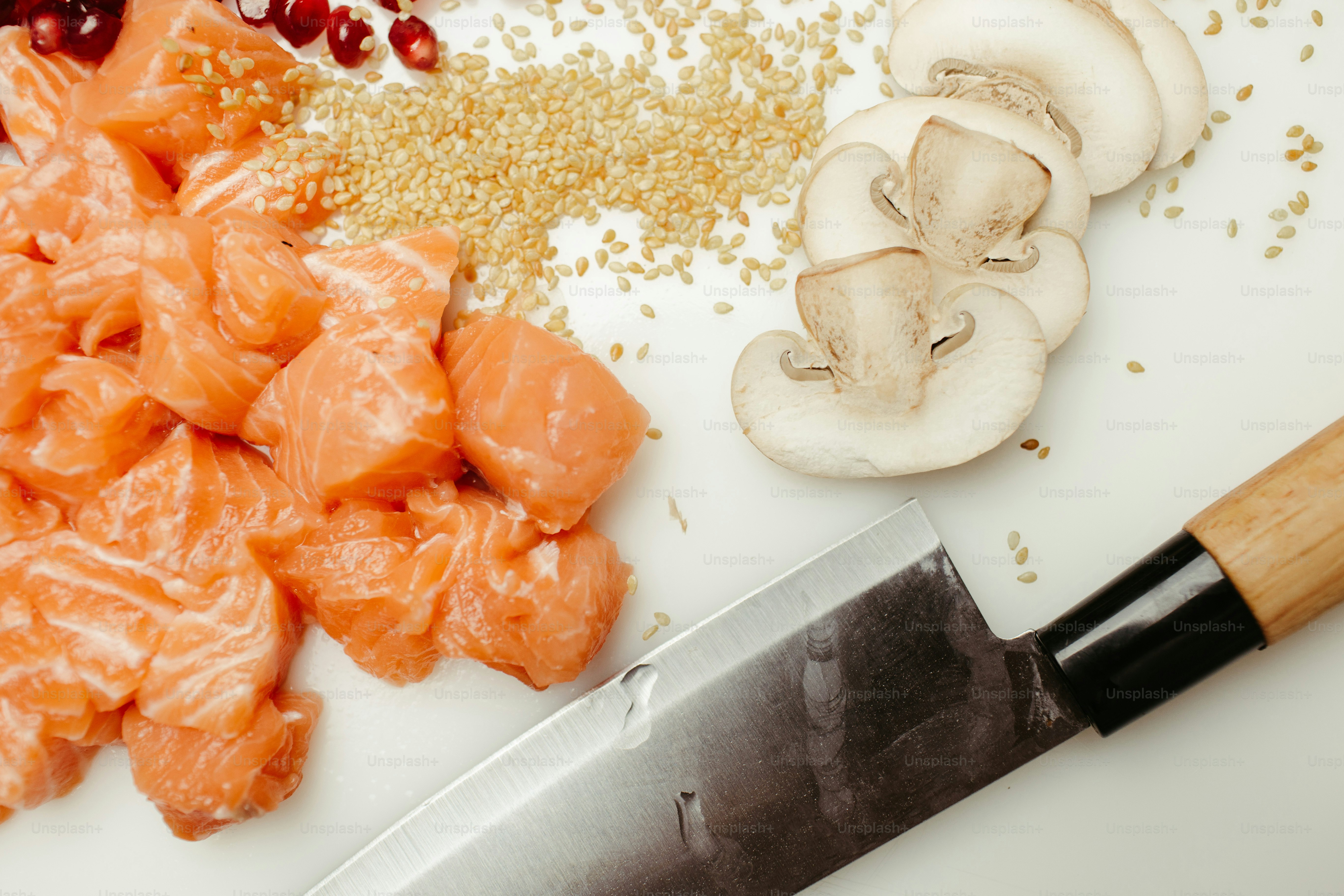 a knife and some food on a table