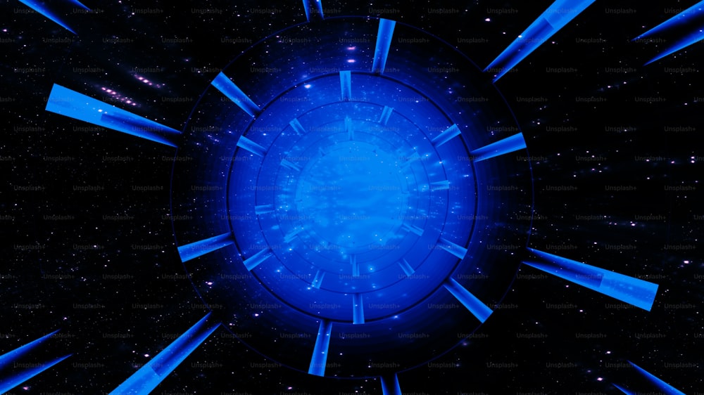 a blue clock in the middle of a space filled with stars
