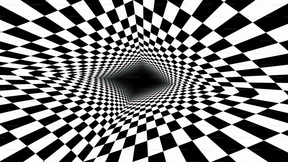 a black and white distorted image with a black hole in the center