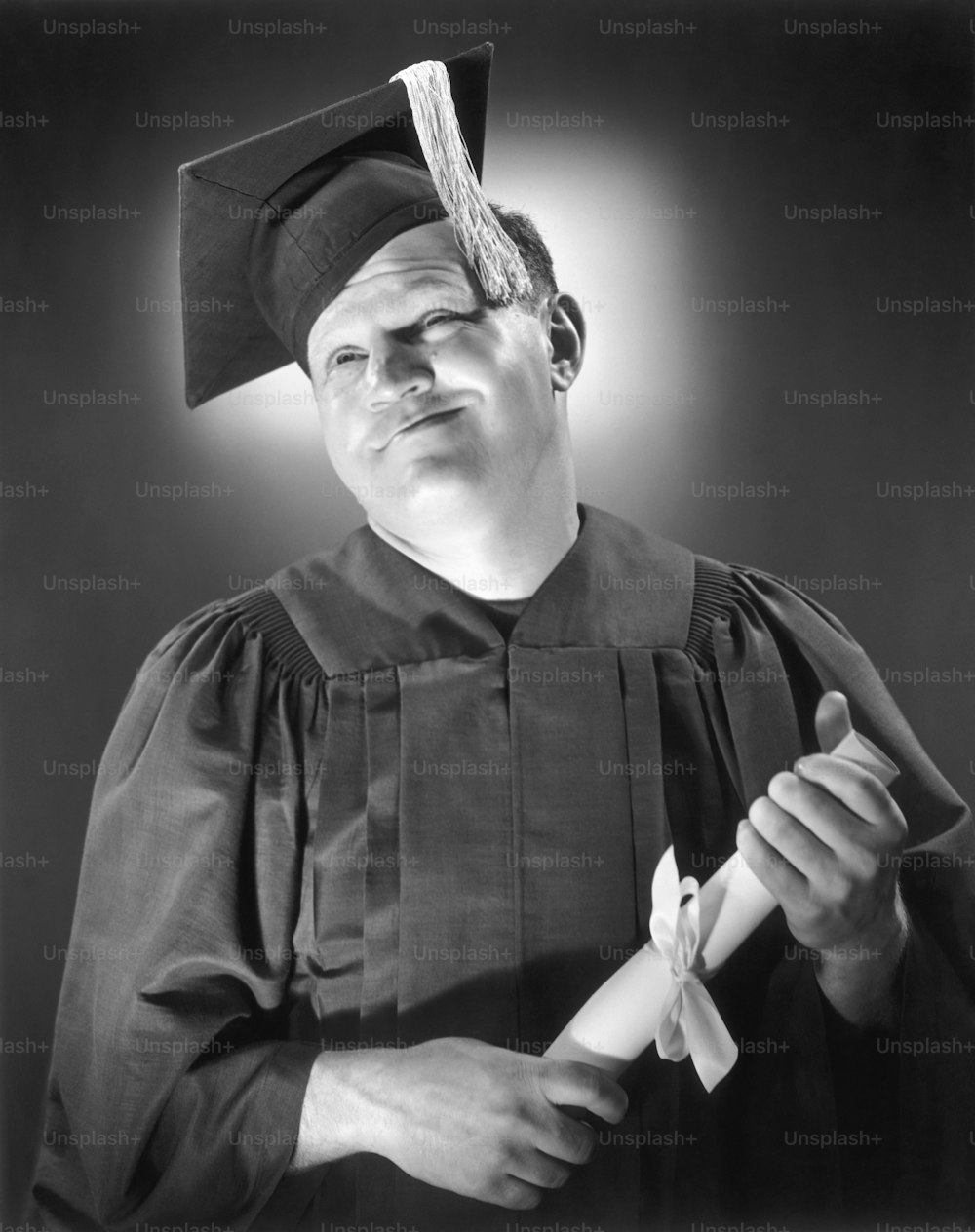 UNITED STATES - CIRCA 1950s:  Portrait of happy man in cap & gown w/diploma.