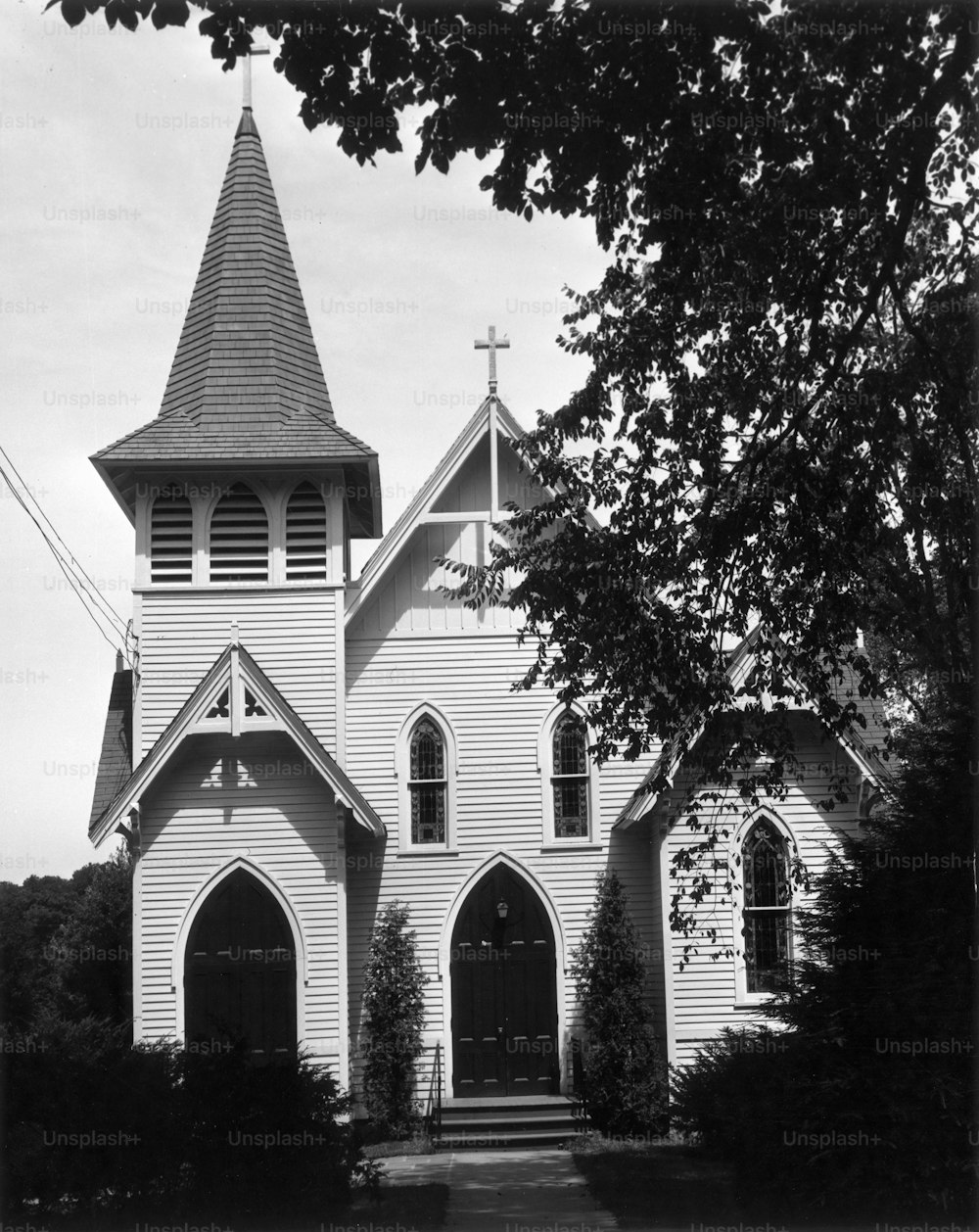 UNITED STATES - CIRCA 1950s:  Exterior of church.
