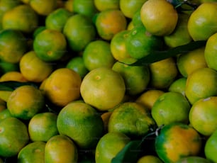 un tas de citrons avec des feuilles vertes