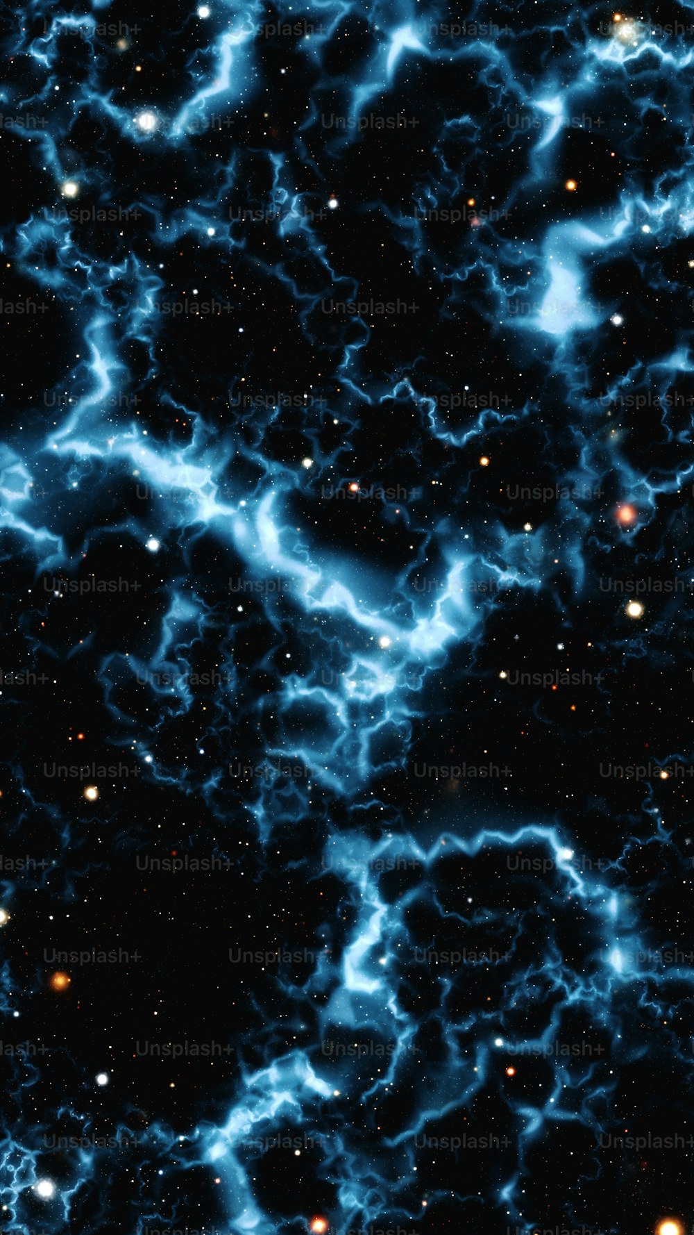 a black background with blue swirls and stars