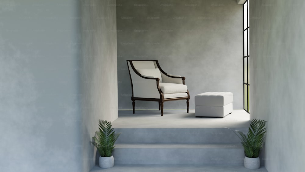 a white chair sitting on top of a set of stairs