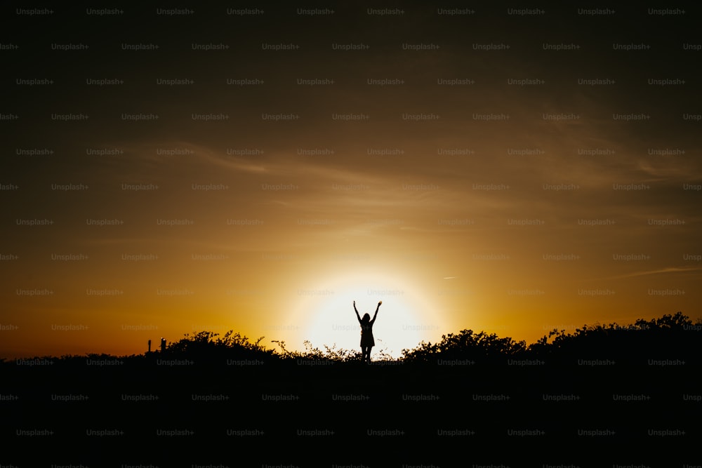 a silhouette of a person raising their arms in the air