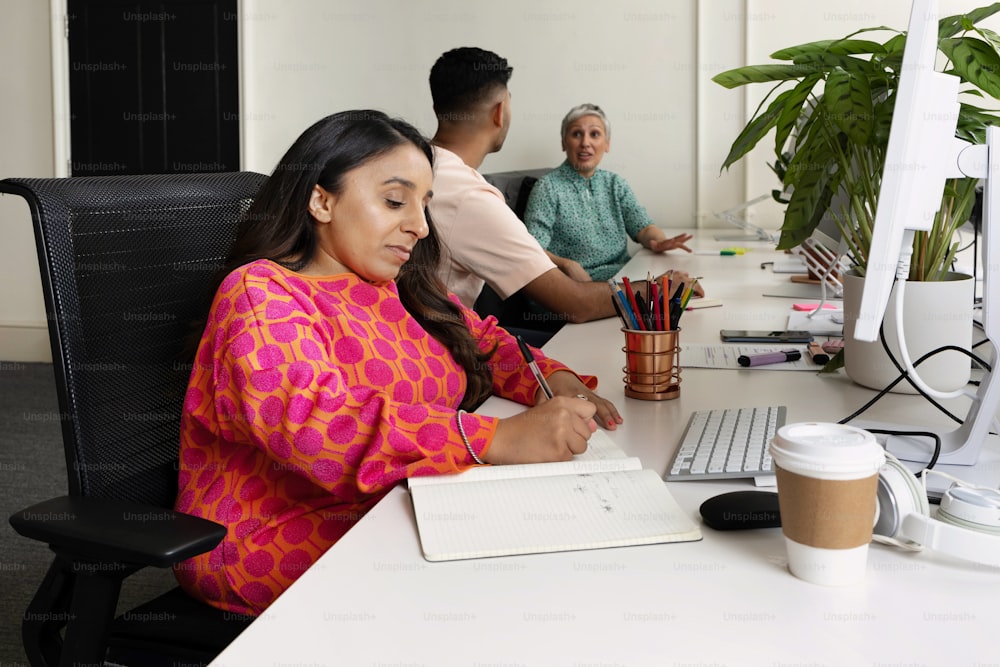 a woman sitting at a desk in front of a computer