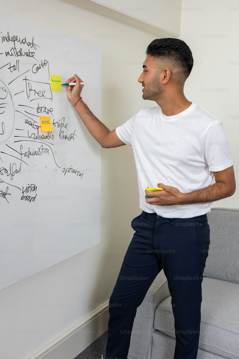 a man is writing on a white board