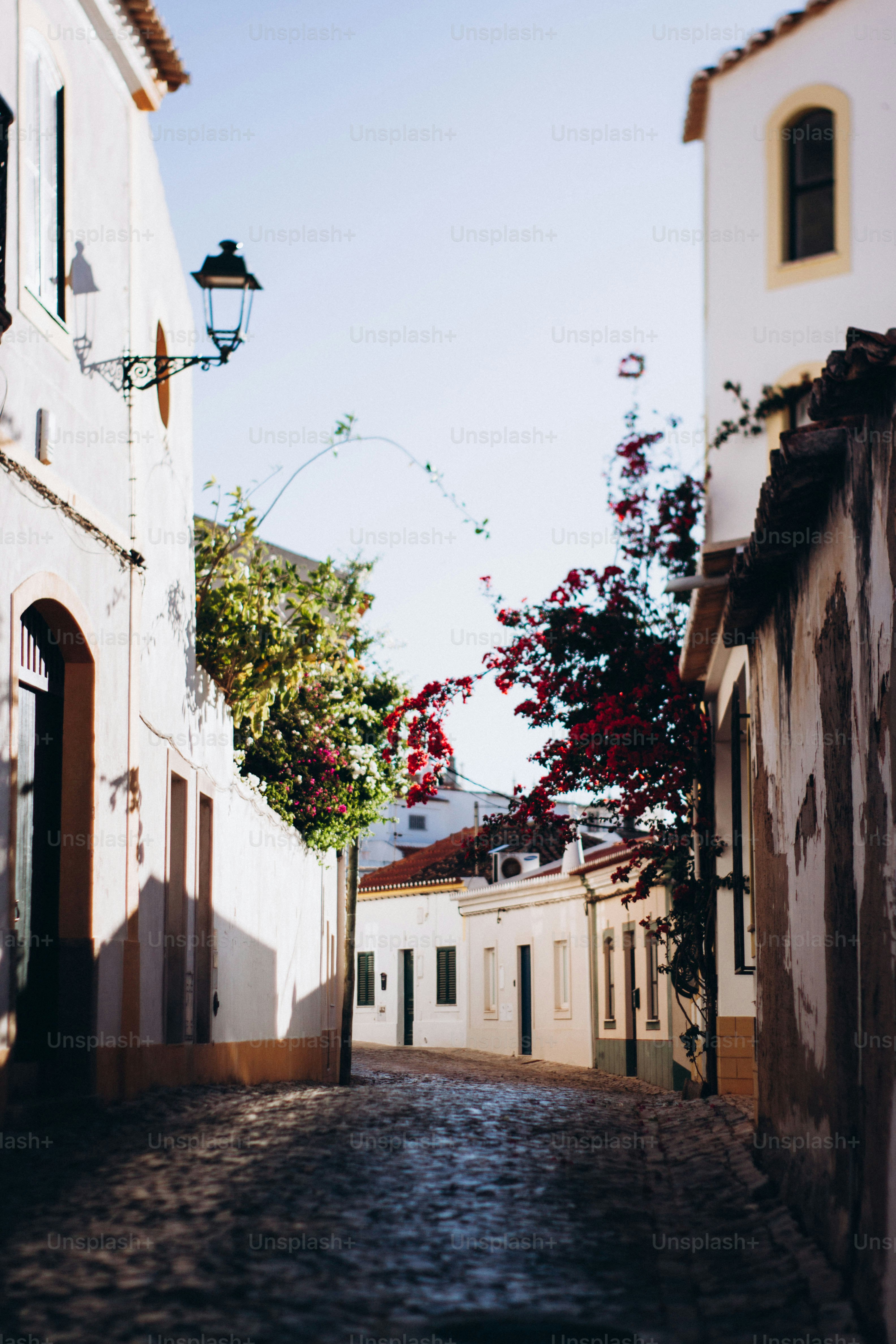 a cobblestone street lined with white buildings