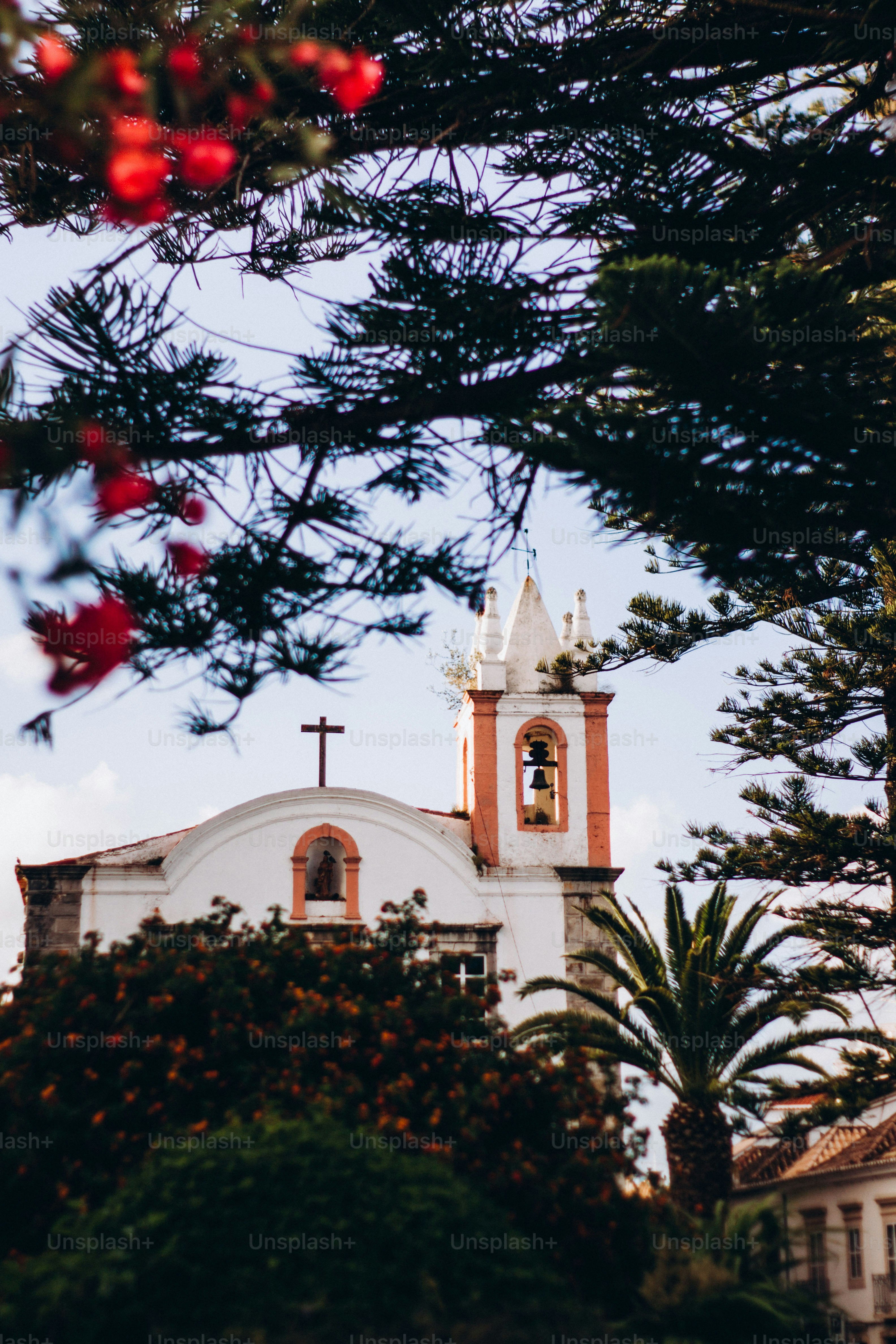 uma igreja com uma torre sineira cercada por árvores