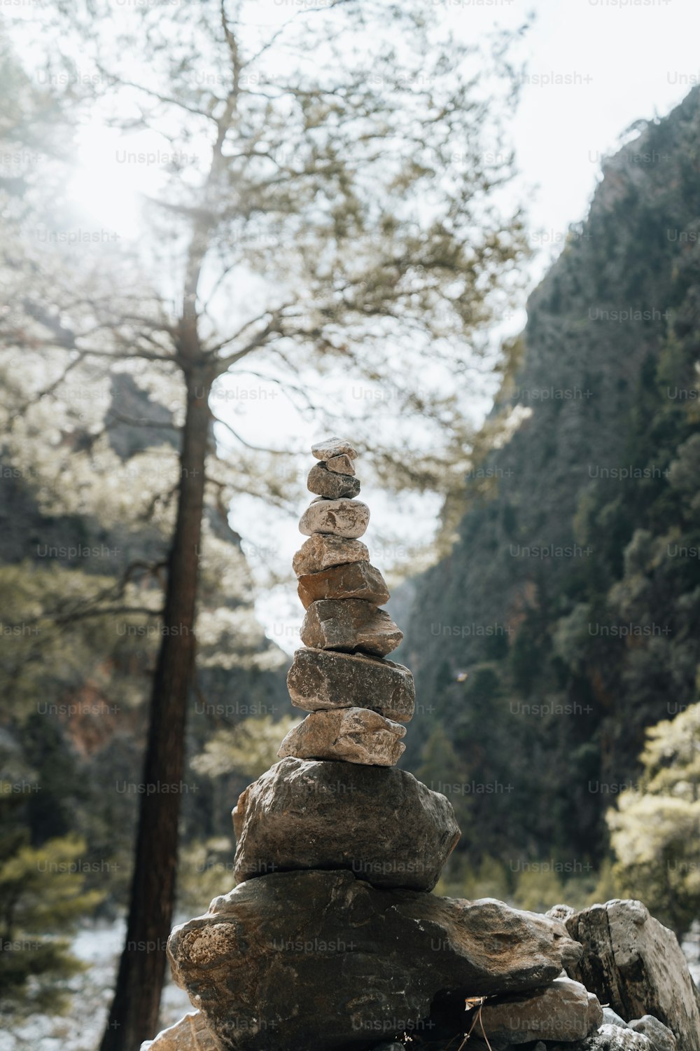 a stack of rocks sitting in the middle of a forest