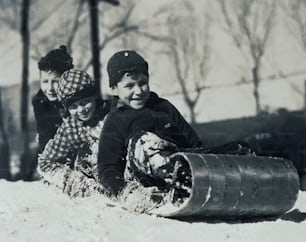 um grupo de crianças pequenas brincando na neve