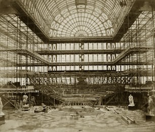 The erection of the orchestra for the Opening Ceremony at Crystal Palace, after its reconstruction in Sydenham Hill, South London.