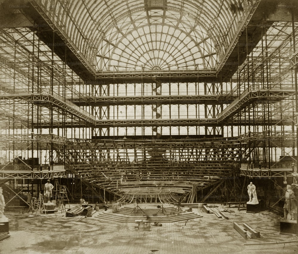 The erection of the orchestra for the Opening Ceremony at Crystal Palace, after its reconstruction in Sydenham Hill, South London.