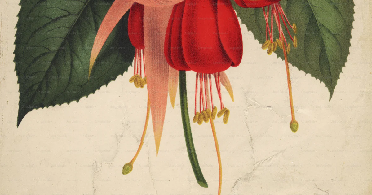 Hacia 1880: Una fucsia, Mrs. Rundell, con cáliz naranja y pétalos rojos ...