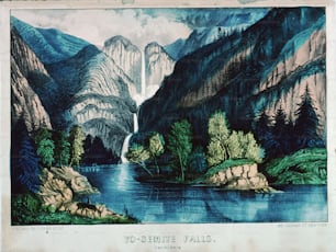 por volta de 1865: O rio Merced e as cataratas de Yosemite na Califórnia Obra de arte original: litografia de Currier e Ives (Foto por MPI / Getty Images)