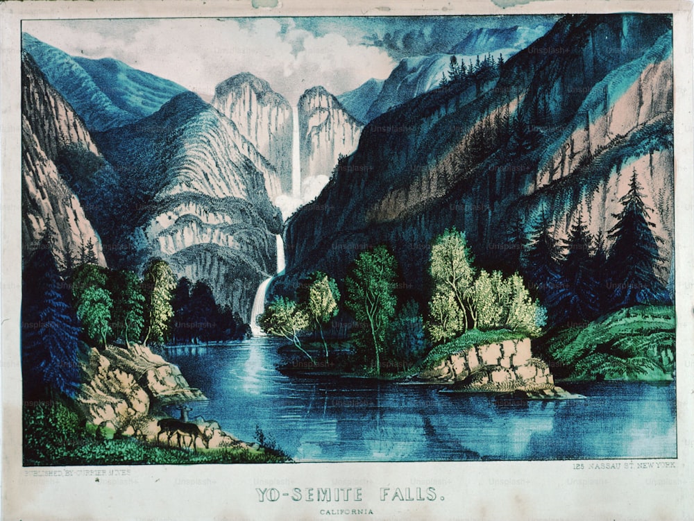 circa 1865: El río Merced y las cataratas de Yosemite en California Obra de arte original: Litografía de Currier e Ives (Foto de MPI/Getty Images)