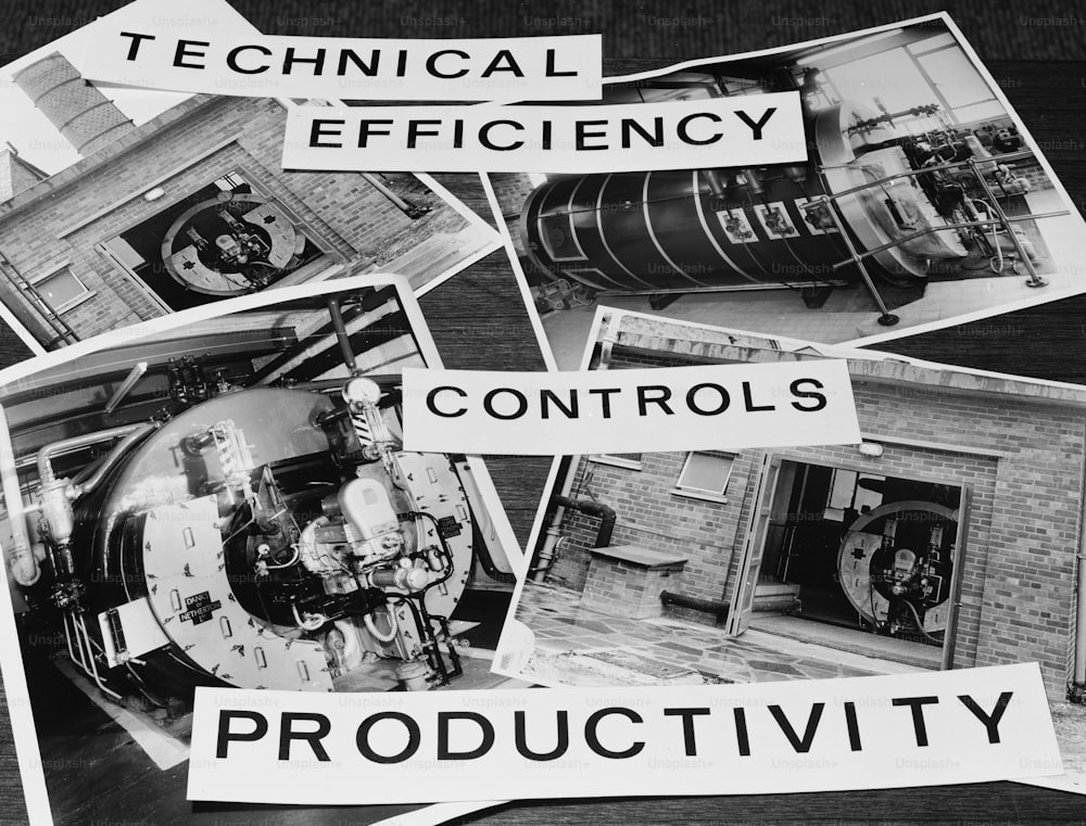 30. Juni 1966: Vier Fotografien einer Fabrikmaschine aus verschiedenen Blickwinkeln, beschriftet mit "Technik", "Effizienz", "Steuerungen" und "Produktivität".  (Foto von Chaloner Woods / Getty Images)