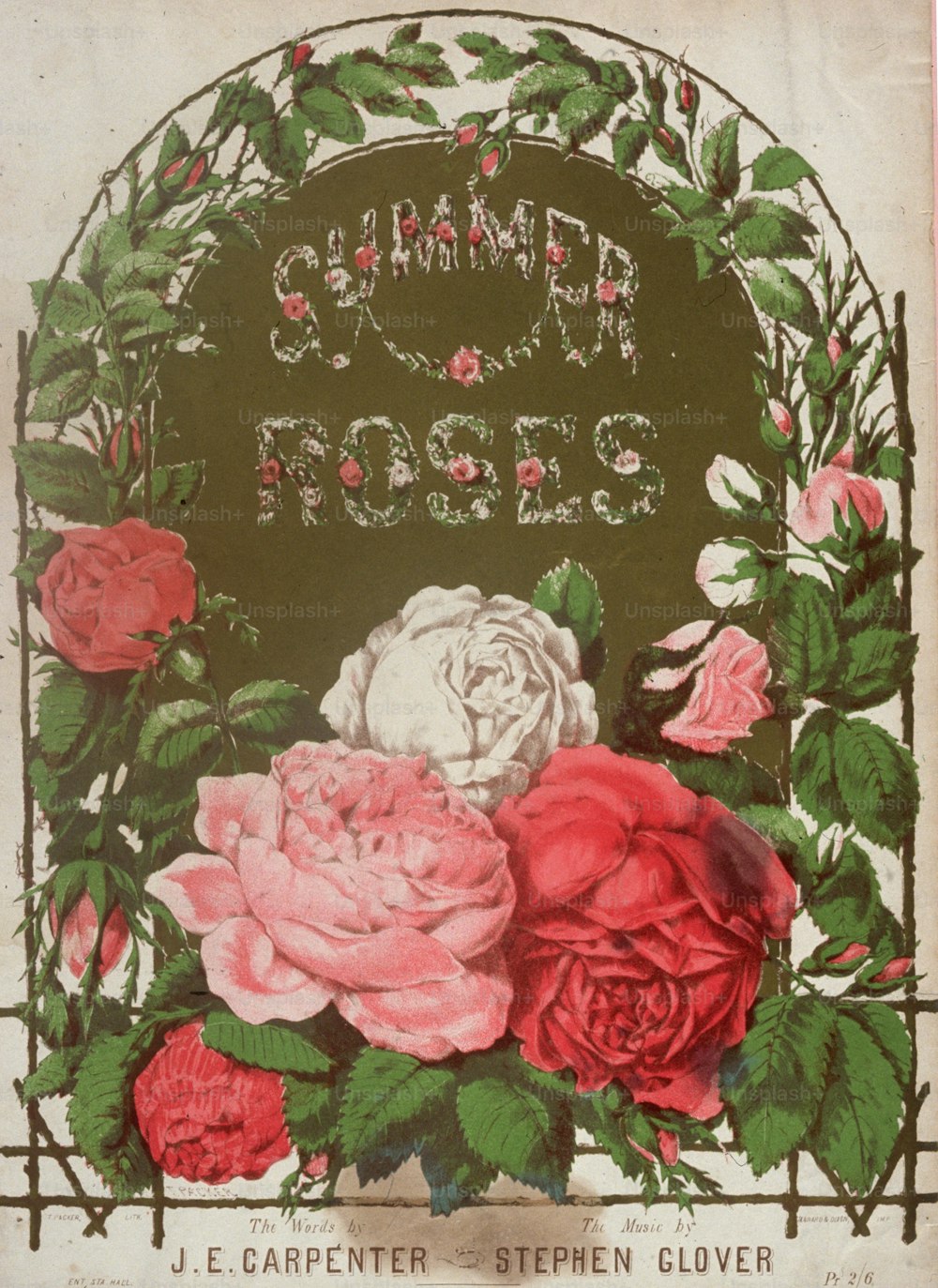 Circa 1890: La portada de la partitura de la canción Summer Roses escrita por Stephen Glover con letra de J E Carpenter.  (Foto de Hulton Archive/Getty Images)