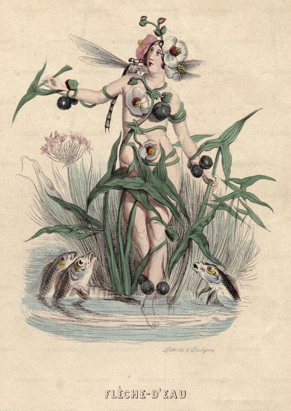 por volta de 1800: O espírito da água mostrado com peixes, flora aquática e uma libélula.  (Foto: Hulton Archive/Getty Images)