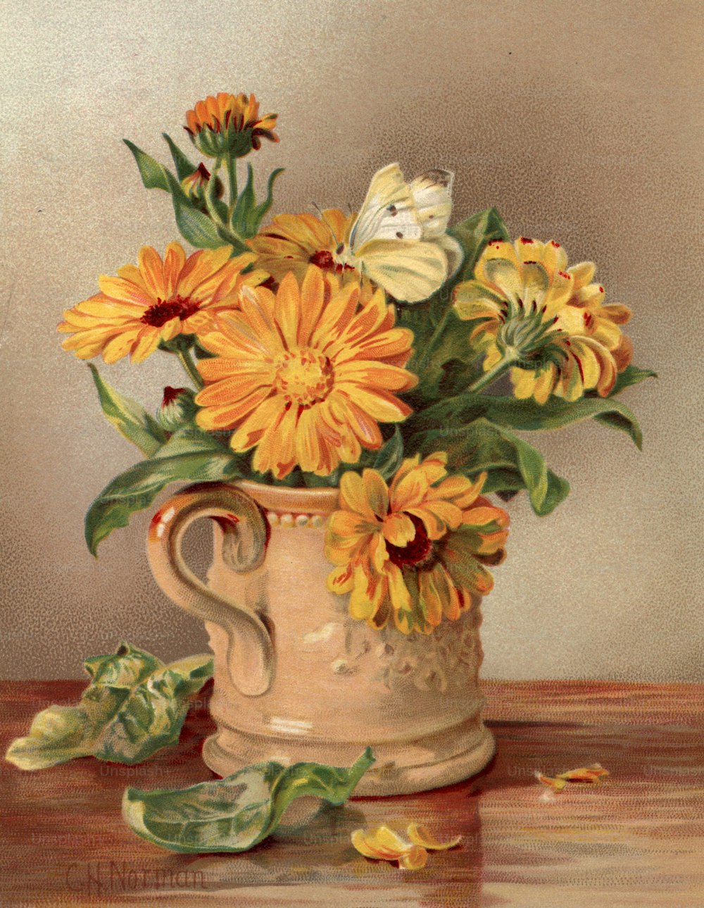 circa 1800:  A butterfly rests on a jug of marigolds.  (Photo by Hulton Archive/Getty Images)