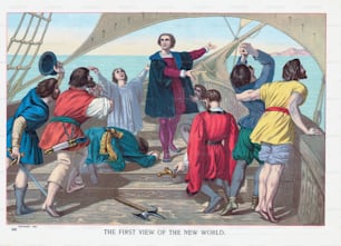 Color lithograph of Christopher Columbus and his crew sighting the Americas for the first time in 'The first view of the new world', 1492. (Photo by Kean Collection/Archive Photos/Getty Images)