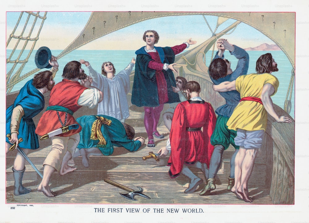 Farblithographie von Christoph Kolumbus und seiner Mannschaft, die Amerika zum ersten Mal in "Der erste Blick auf die neue Welt" sichtet, 1492. (Foto von Kean Collection / Archivfotos / Getty Images)