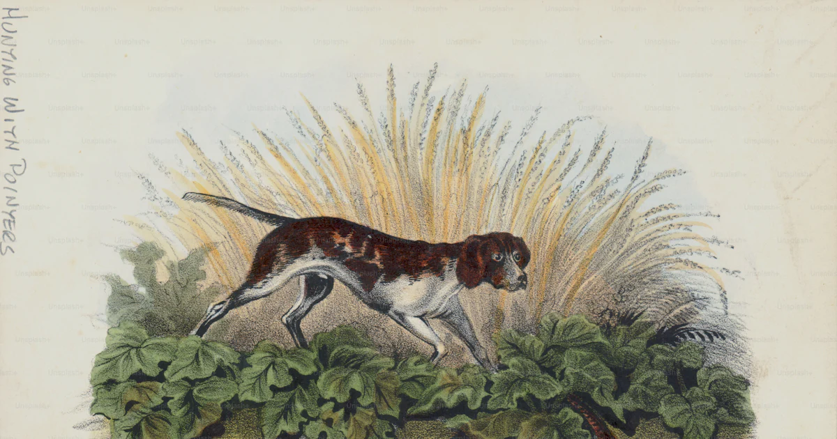 Pointer Chasing Engraved color illustration depicting a Pointer, or gun dog, chasing ...