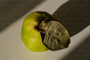 une pomme verte posée sur une table blanche