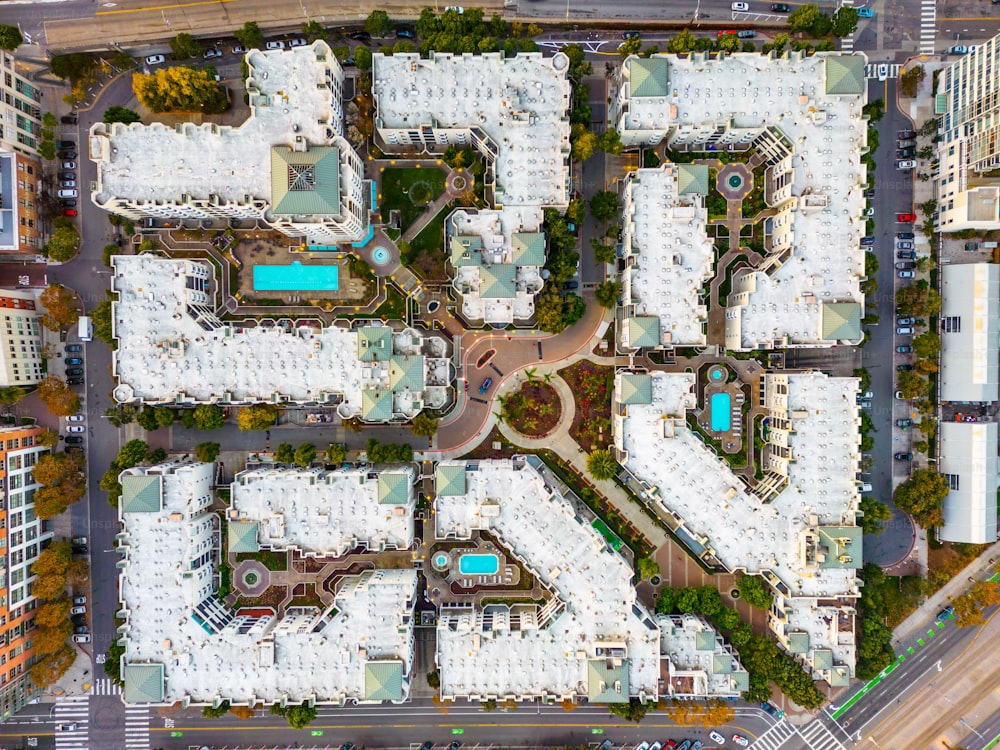 an aerial view of a city with lots of buildings