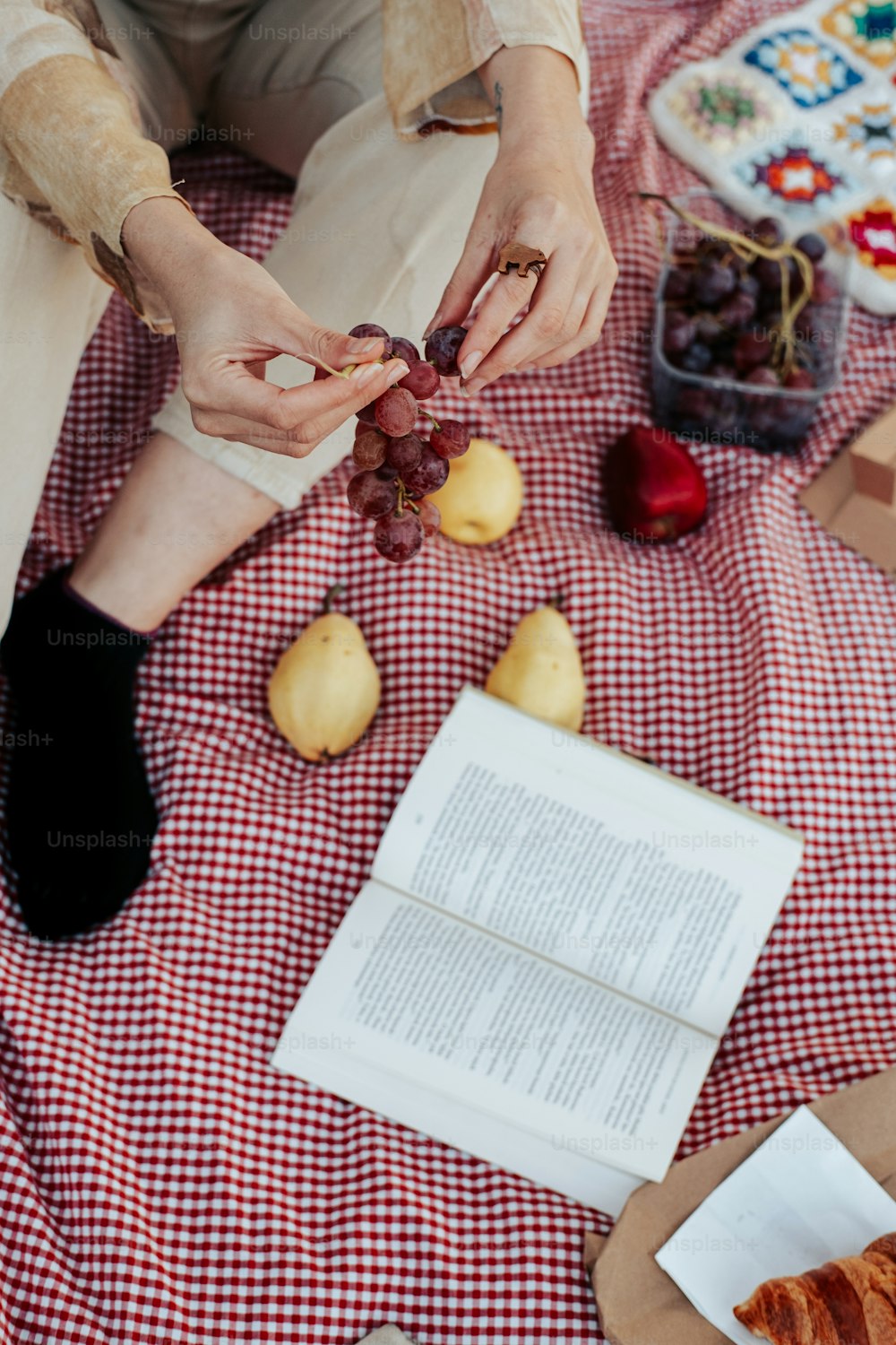uma pessoa sentada em um cobertor com um livro e algumas frutas