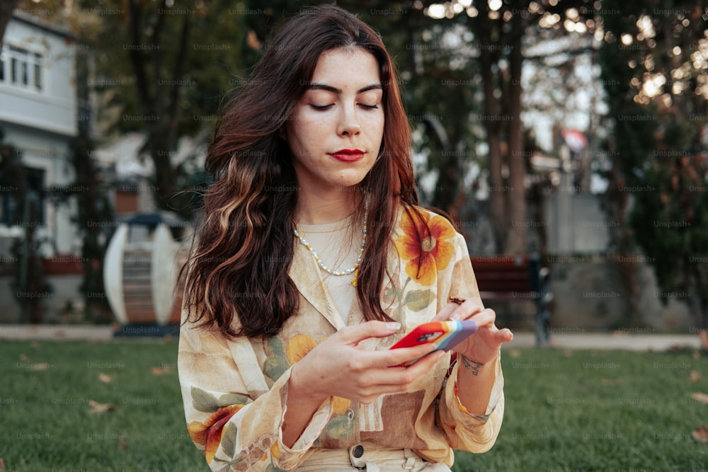 Une femme assise dans l’herbe regardant son téléphone portable